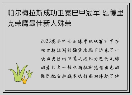 帕尔梅拉斯成功卫冕巴甲冠军 恩德里克荣膺最佳新人殊荣 帕尔梅拉斯成功卫冕巴甲冠军 恩德里克荣膺最佳新人殊荣